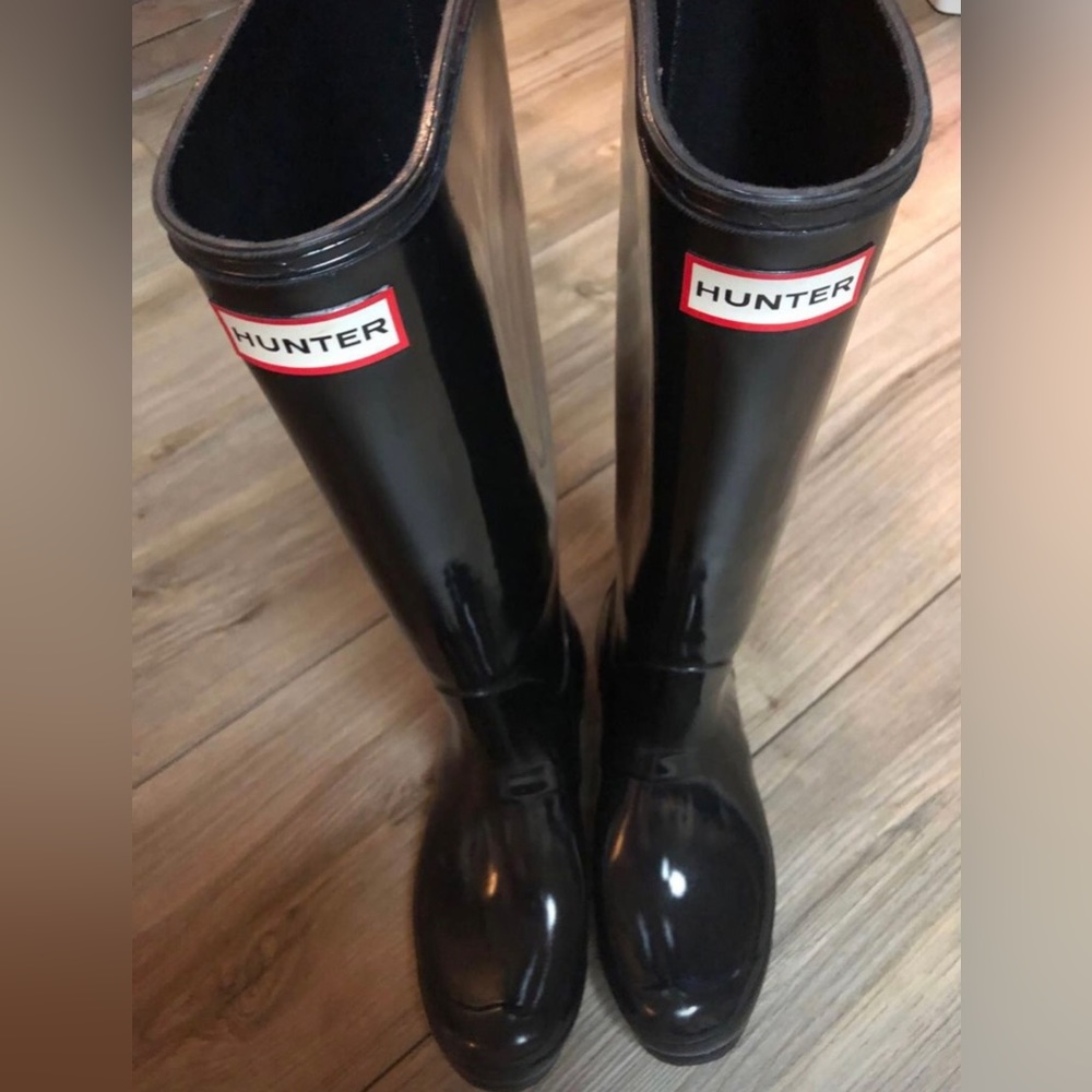 Womens Hunter Original Gloss Black Rubber Knee High Wellies Rubber Rain Boots